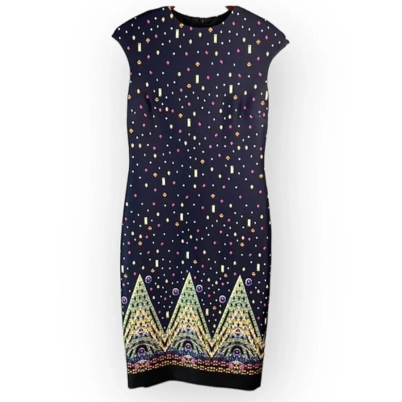 MARIO SERRANI Jewel Print Sleeveless Midi Dress Navy Blue Form Fitting Size 6 - Picture 2 of 11